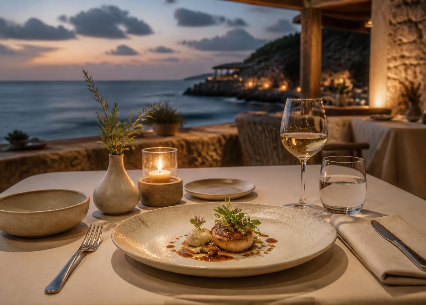 Fine dining table set beside the ocean at dusk