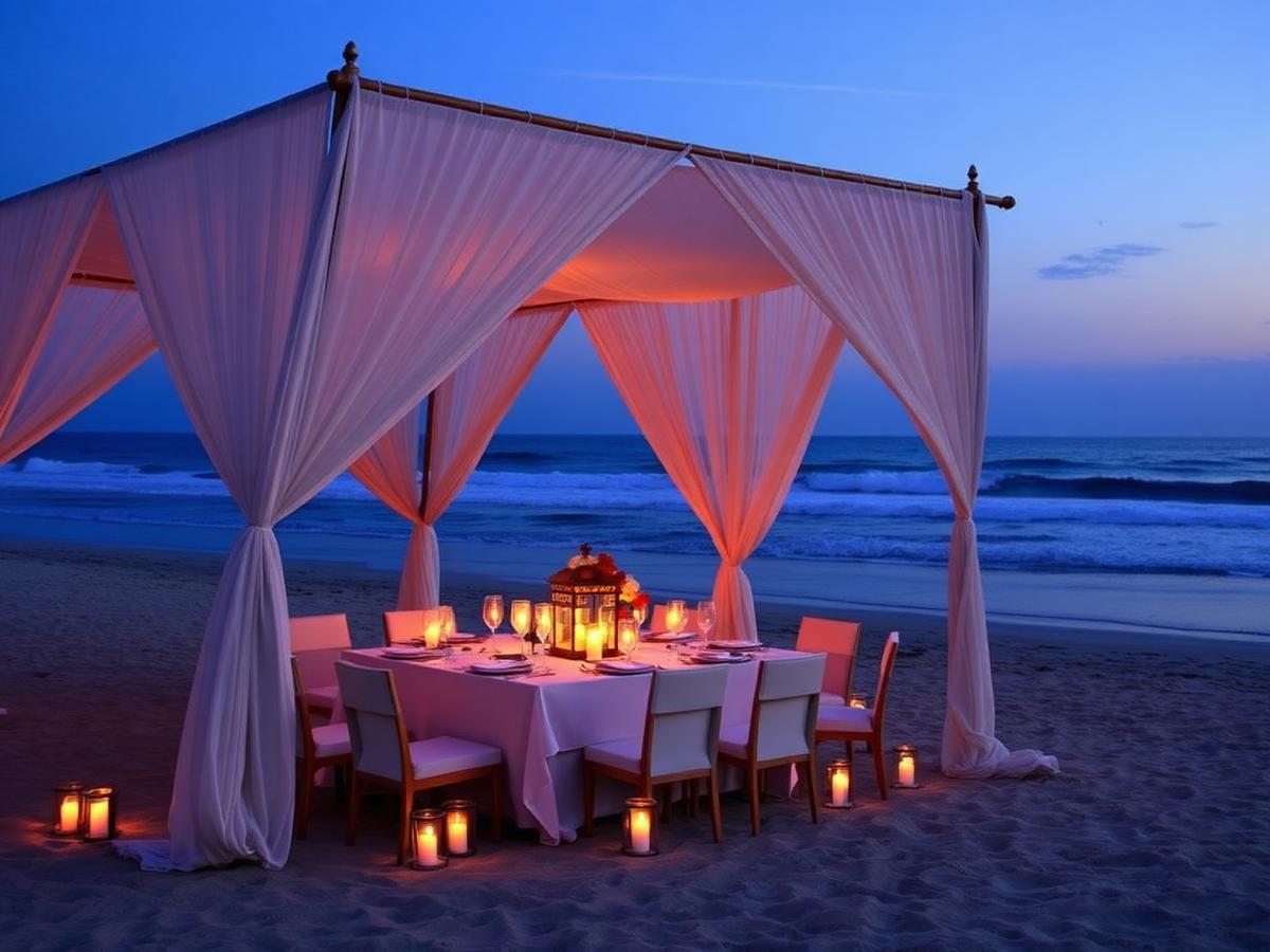 Candlelit private dinner setup on a secluded beach