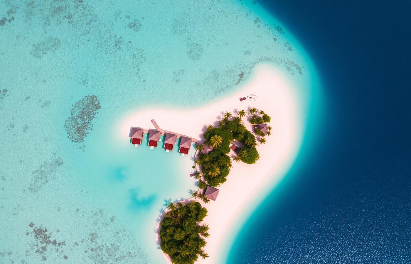 Aerial view of a tropical island lagoon and villas