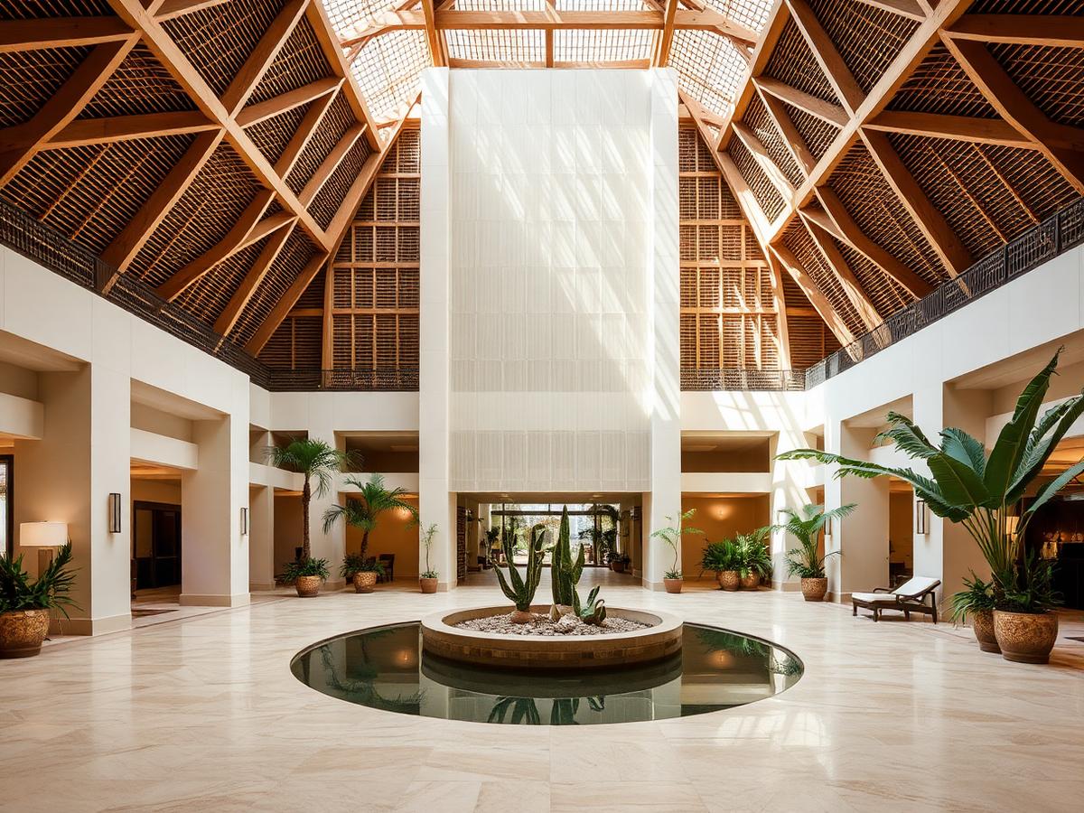 Resort lobby with timber lattice ceiling and reflecting pool