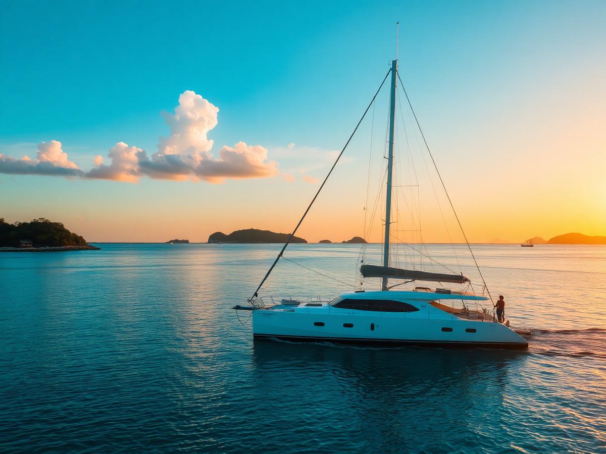 Catamaran sailing at sunset near tropical islands