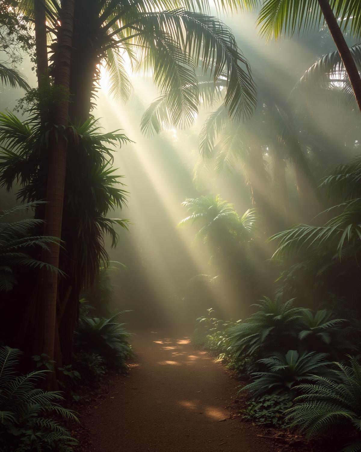 Misty rainforest path lined with ferns and palms