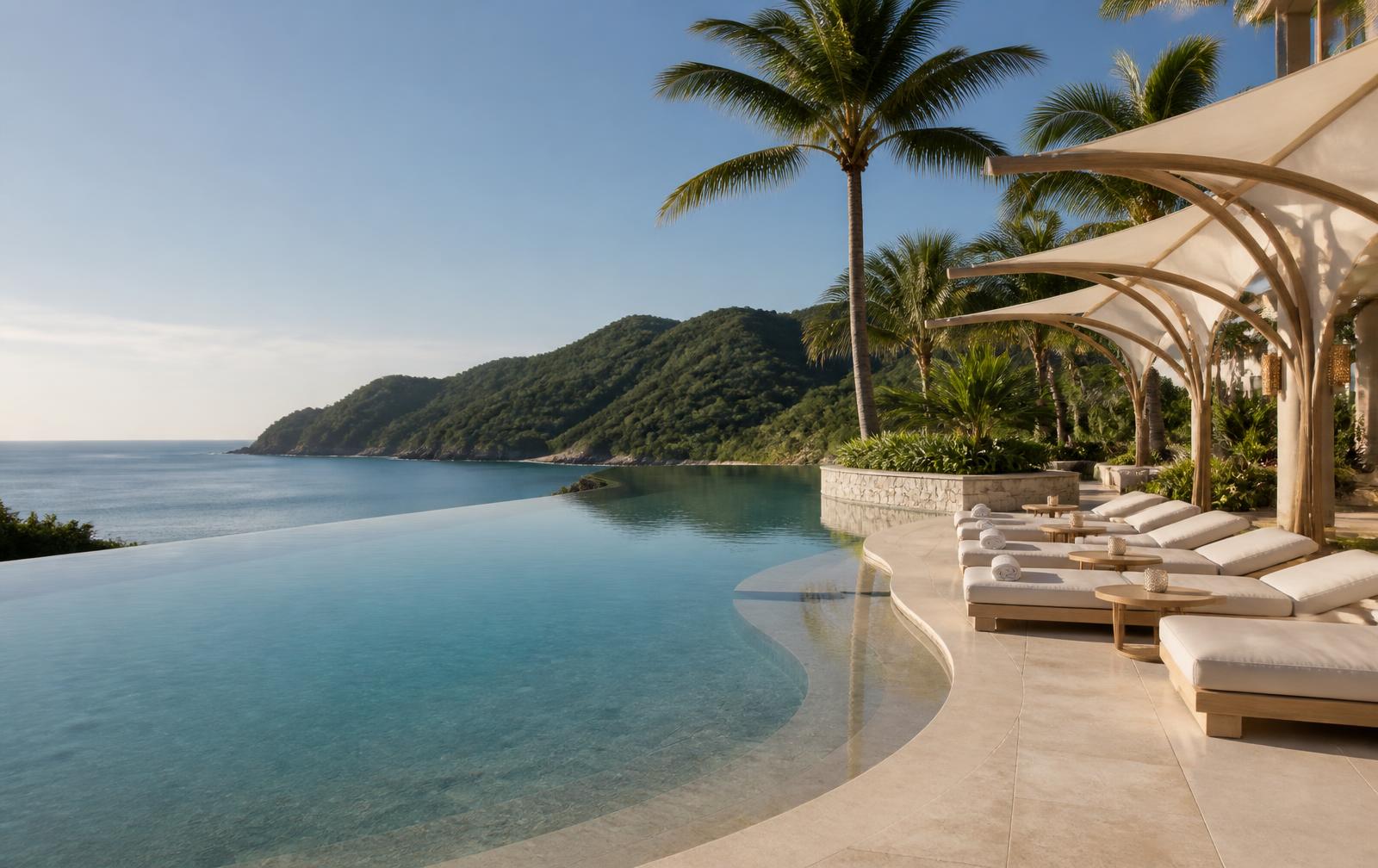Infinity pool with ivory loungers overlooking a tropical bay