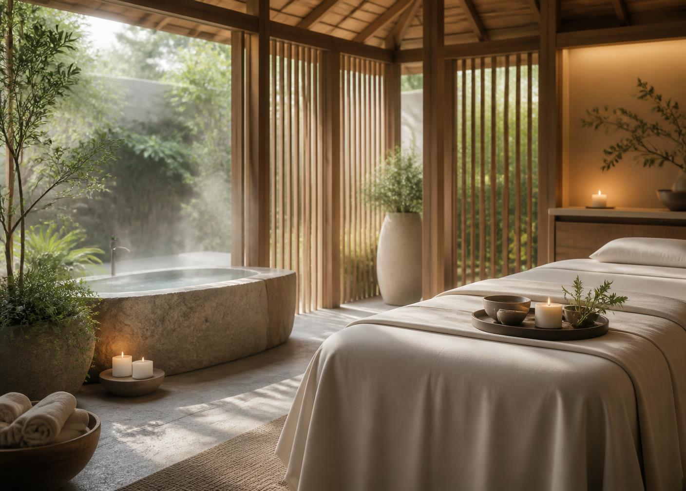 Spa pavilion with stone soaking bath, candles and garden views
