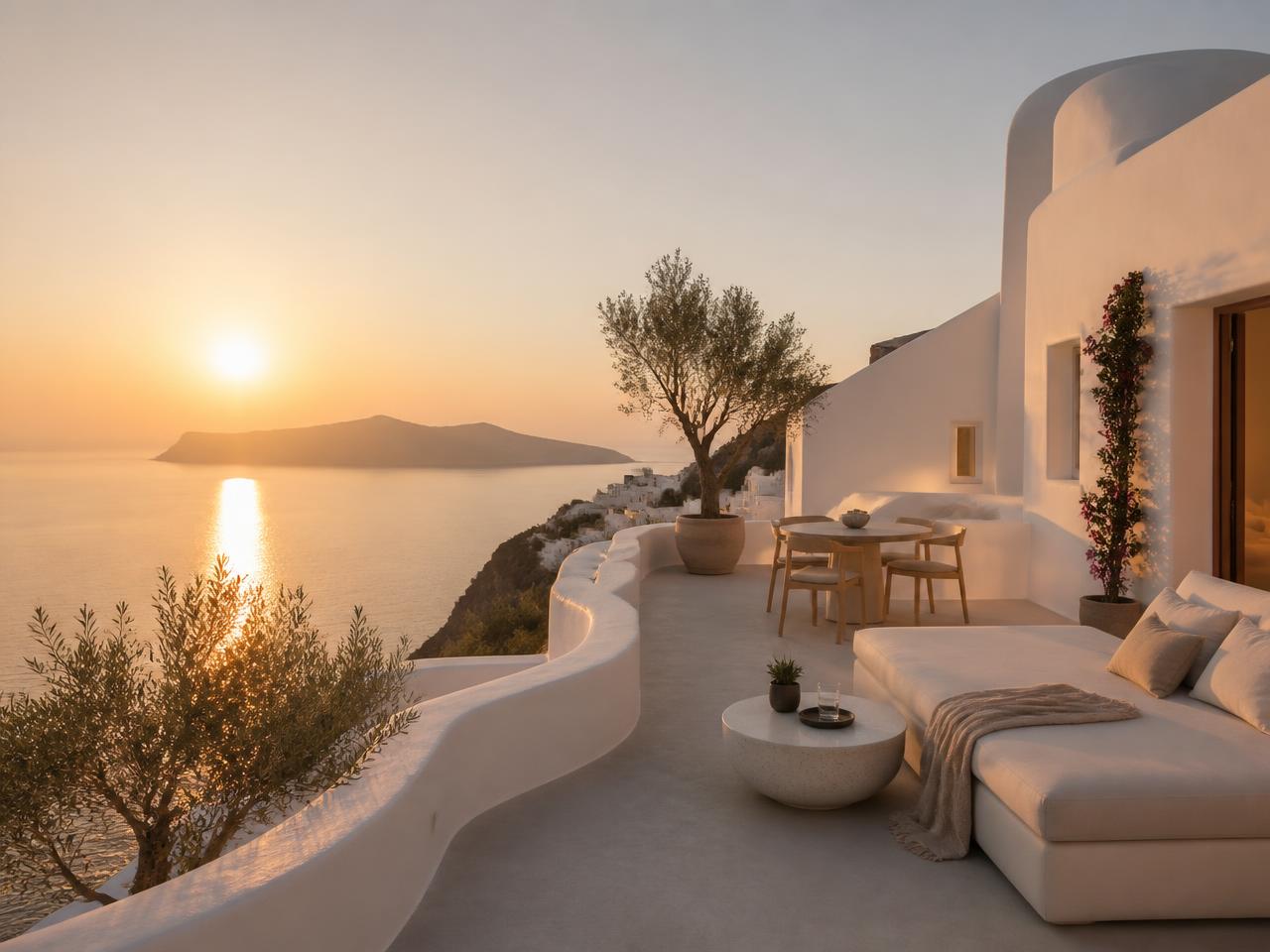 Cliffside residence terrace with olive trees at sunset
