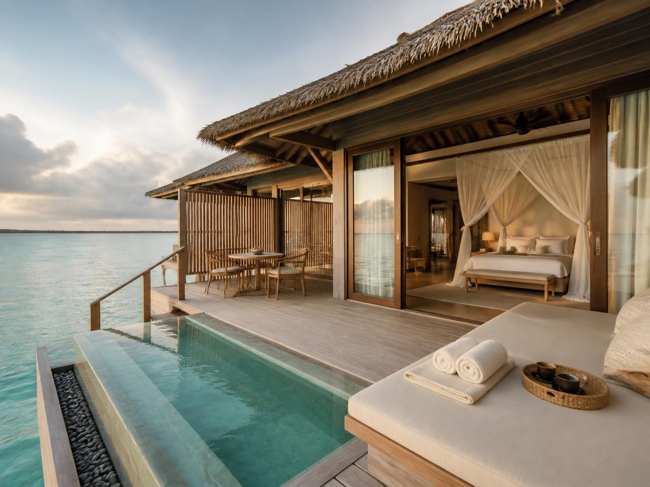 Overwater villa with private pool above a turquoise lagoon